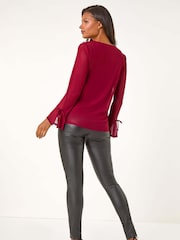 Roman V-Neck Frill Neck Tie Sleeve Mesh Top - Imagem 3 de 5