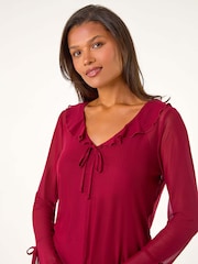 Roman V-Neck Frill Neck Tie Sleeve Mesh Top - Imagem 4 de 5