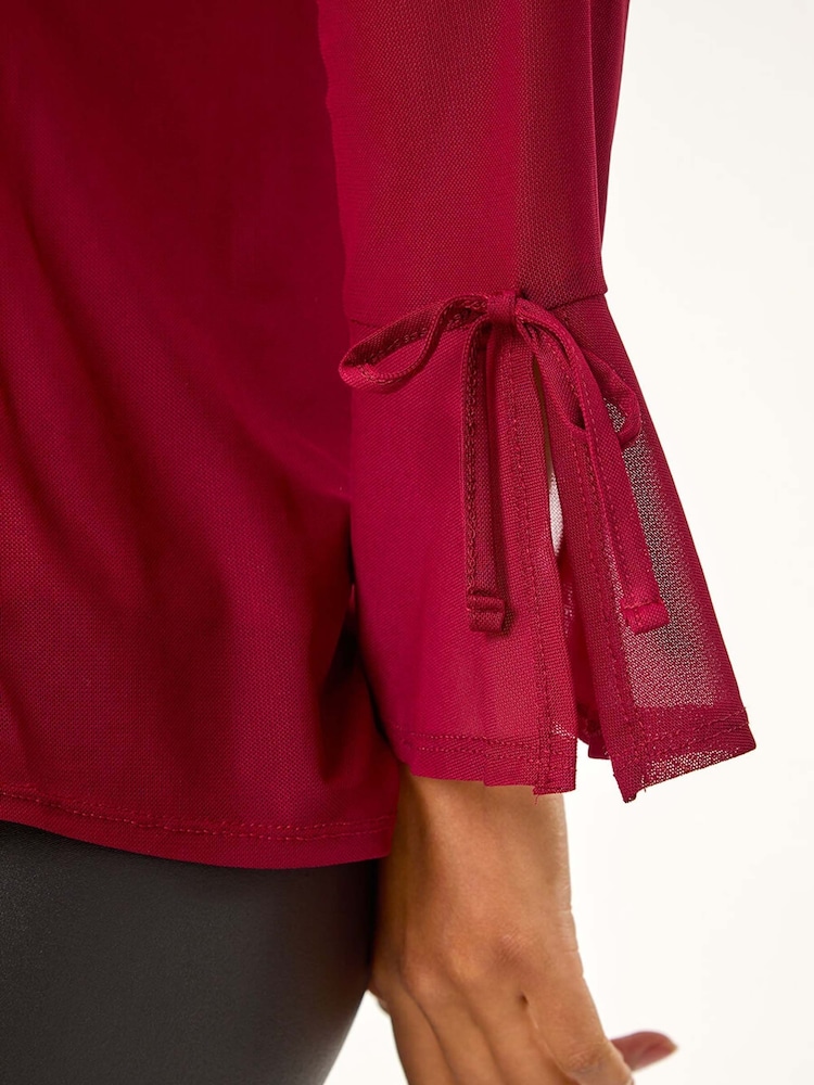 Roman V-Neck Frill Neck Tie Sleeve Mesh Top - Imagem 5 de 5
