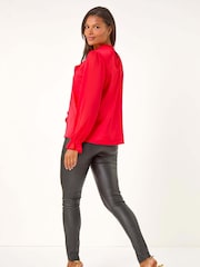 Roman Red Ruffle Front Keyhole Satin Top - Image 3 of 5