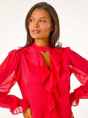 Roman Red Ruffle Front Keyhole Satin Top - Image 4 of 5