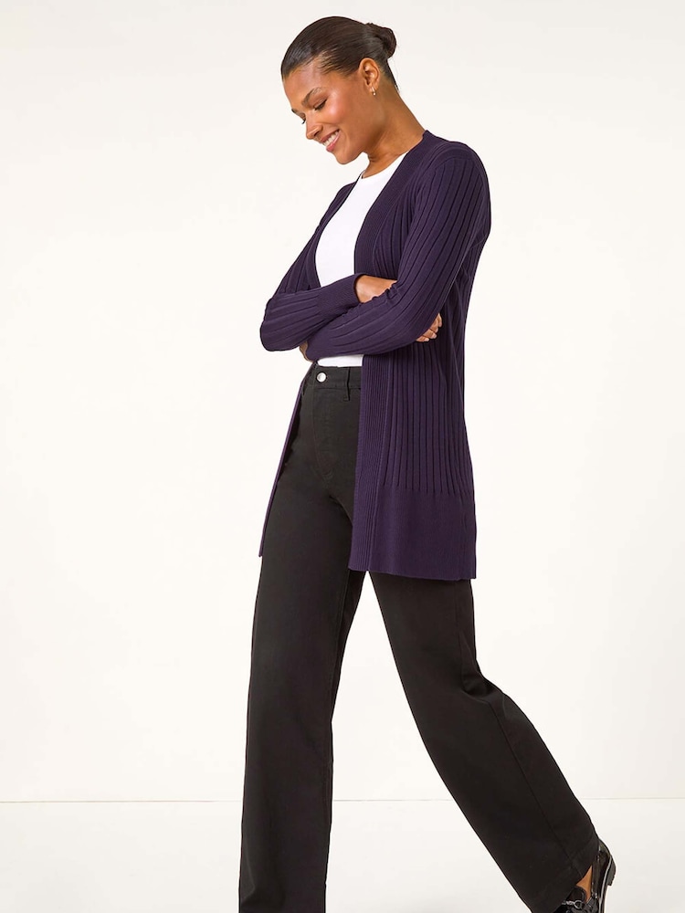 Roman Purple Longline Stretch Ribbed Cardigan - Image 1 of 6