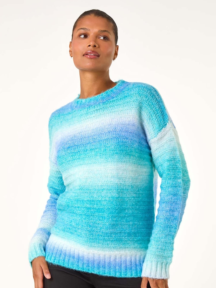 Roman Blue Spacedye Stripe Crew Neck Jumper - Image 1 of 5 Roman Blue Spacedye Stripe Crew Neck Jumper - Image 1 of 5