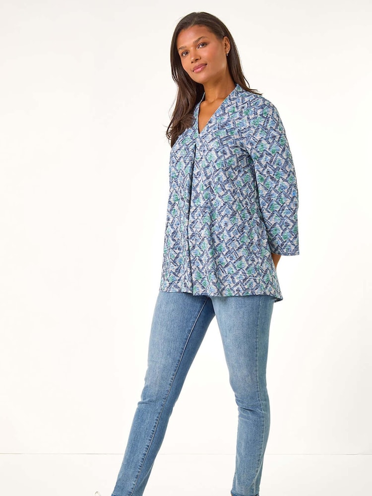 Roman Blue V-Neck Pleat Front Jersey Top - Image 1 of 5