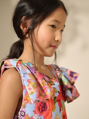 Blue Floral Print Shoulder Detail Summer Dress (1.5-16yrs) - Image 4 of 8