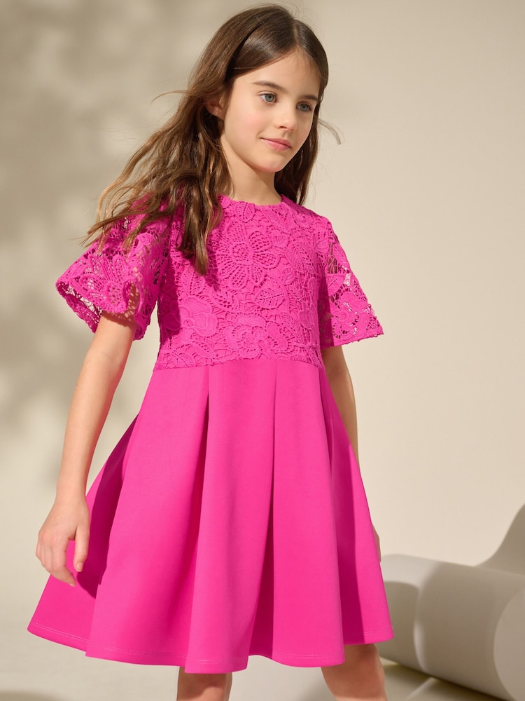 Magenta Pink Lace Scuba Dress (3-16yrs) - Image 1 of 8