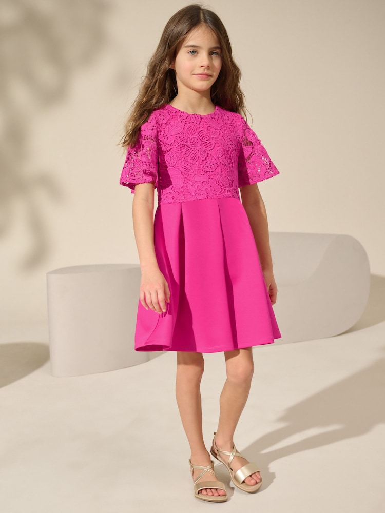 Magenta Pink Lace Scuba Dress (3-16yrs) - Image 2 of 8