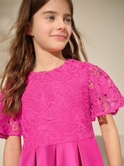 Magenta Pink Lace Scuba Dress (3-16yrs) - Image 4 of 8