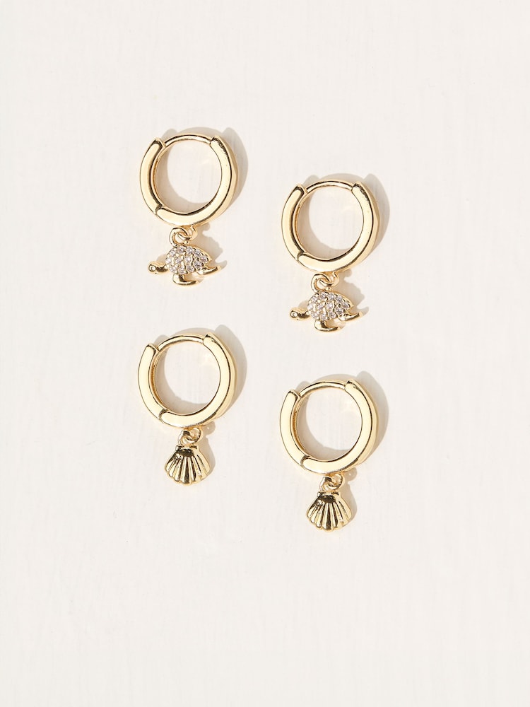 FatFace Gold Tone Seaside Huggie Hoops Earrings 2 Pack - Image 1 of 2