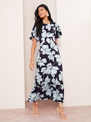 Friends Like These Navy Blue Floral Petite Satin Angel Sleeve Empire Midi Dress - Image 1 of 5
