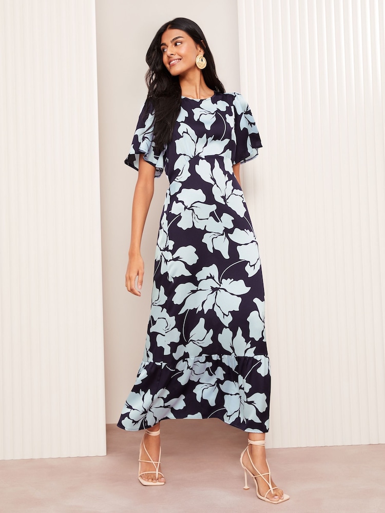 Friends Like These Navy Blue Floral Petite Satin Angel Sleeve Empire Midi Dress - Image 1 of 5