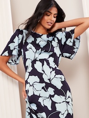 Friends Like These Navy Blue Floral Petite Satin Angel Sleeve Empire Midi Dress - Image 2 of 5