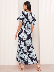 Friends Like These Navy Blue Floral Petite Satin Angel Sleeve Empire Midi Dress - Image 5 of 5