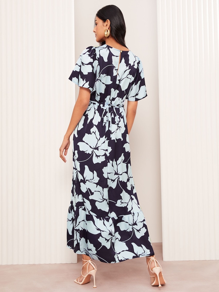 Friends Like These Navy Blue Floral Petite Satin Angel Sleeve Empire Midi Dress - Image 5 of 5