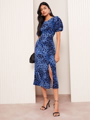 Friends Like These Blue Petite Leopard Print Ruched Puff Sleeve Front Split Midi Dress - Image 1 of 4