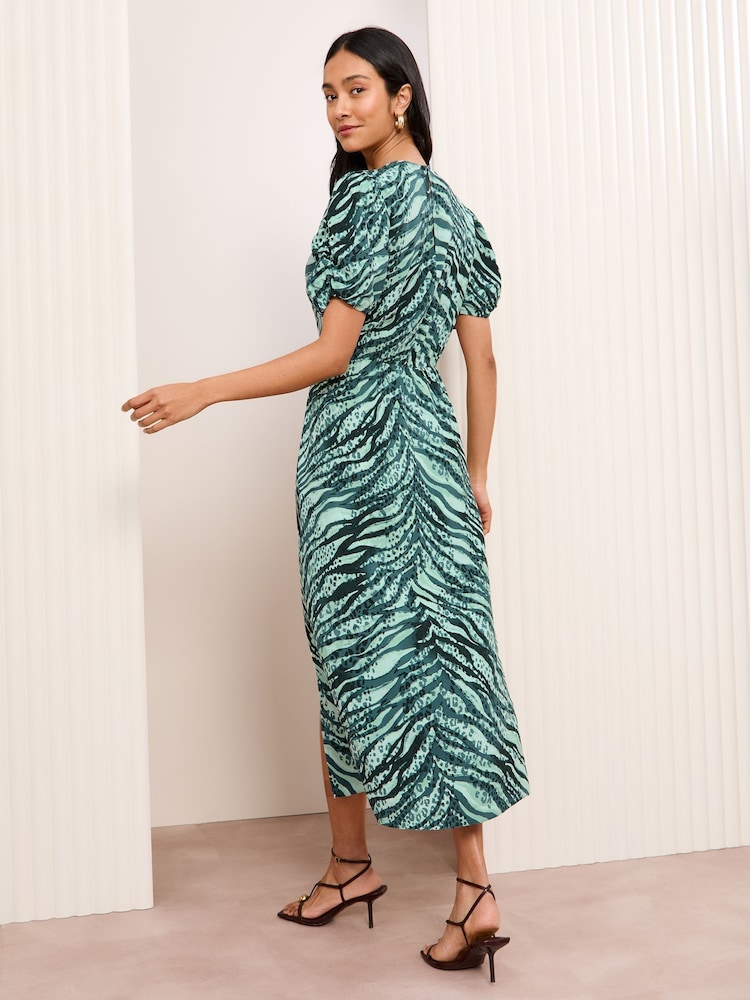 Friends Like These Green Petite Leopard Print Ruched Puff Sleeve Front Split Midi Dress - Image 5 of 5