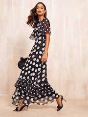 Friends Like These Black/White Petite Short Sleeve Chiffon Tiered Maxi Dress - Image 1 of 4