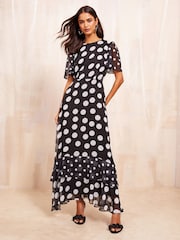 Friends Like These Black/White Petite Short Sleeve Chiffon Tiered Maxi Dress - Image 4 of 4
