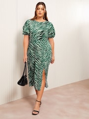 Friends Like These Green Curve Leopard Print Ruched Puff Sleeve Front Split Midi Dress - Image 1 of 4