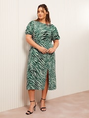 Friends Like These Green Curve Leopard Print Ruched Puff Sleeve Front Split Midi Dress - Image 3 of 4