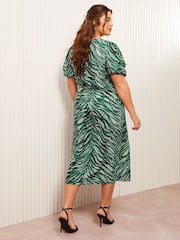 Friends Like These Green Curve Leopard Print Ruched Puff Sleeve Front Split Midi Dress - Image 4 of 4