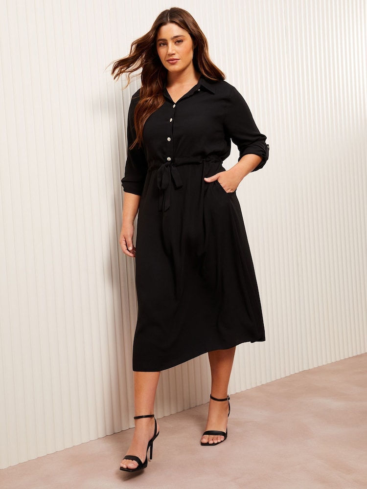 Friends Like These Black Curve Long Sleeve Midi Shirt Dress - Image 1 of 4