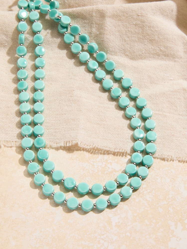 FatFace Turquoise Blue Double Layered Beaded Necklace - Image 2 of 2