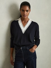 Reiss Navy/White Nina Wool Collared Cricket Jumper - Image 1 of 6