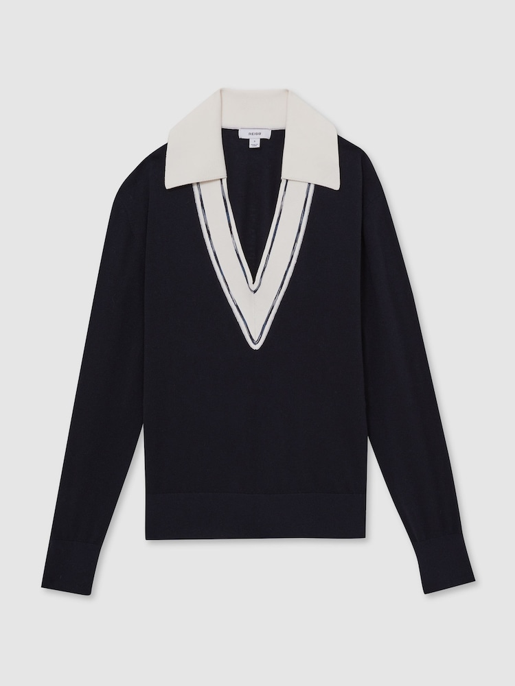 Reiss Navy/White Nina Wool Collared Cricket Jumper - Image 2 of 6
