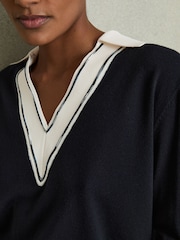 Reiss Navy/White Nina Wool Collared Cricket Jumper - Image 4 of 6