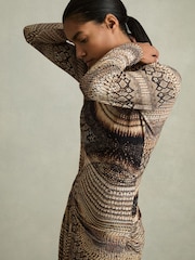 Reiss Brown Naomi Snake-Print Draped Midi Dress - Image 1 of 6