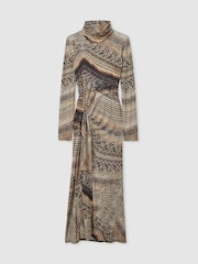 Reiss Brown Naomi Snake-Print Draped Midi Dress - Image 2 of 6