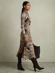 Reiss Brown Naomi Snake-Print Draped Midi Dress - Image 3 of 6