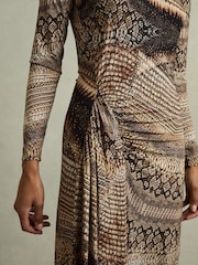 Reiss Brown Naomi Snake-Print Draped Midi Dress - Image 4 of 6