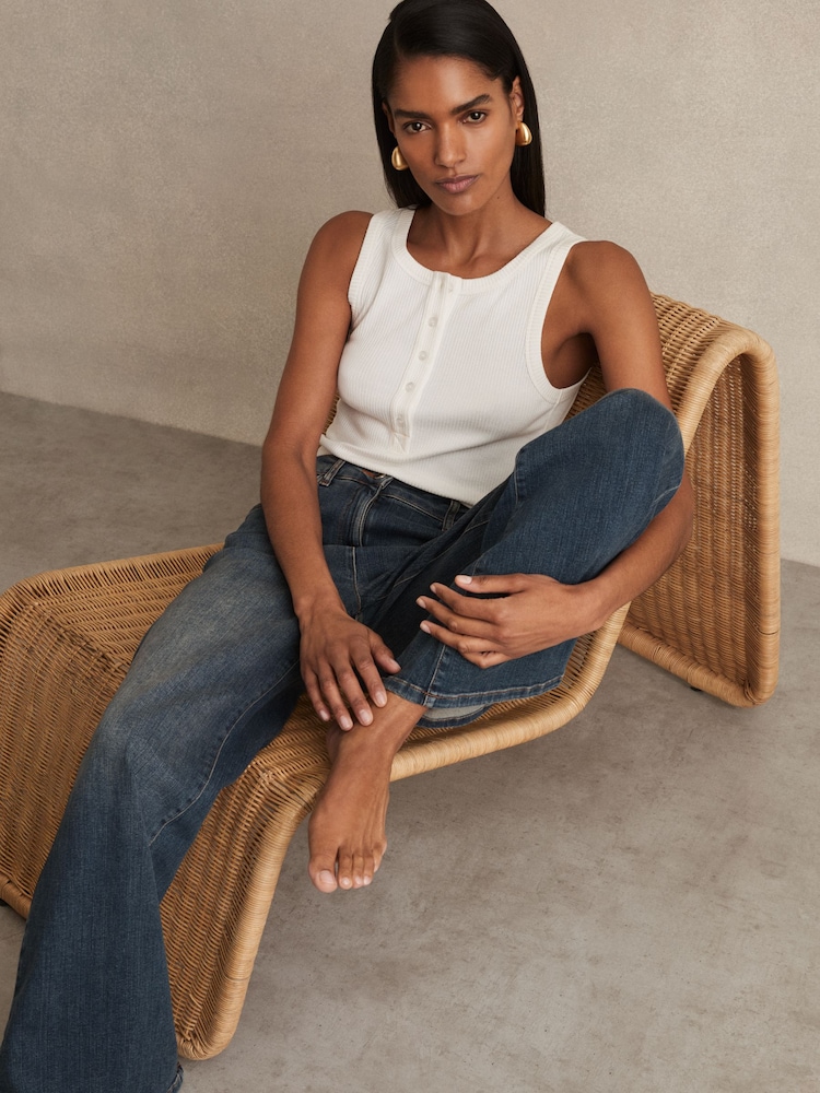 Reiss Mid Blue Bonnie Petite Mid-Rise Flared Jeans - Image 1 of 7