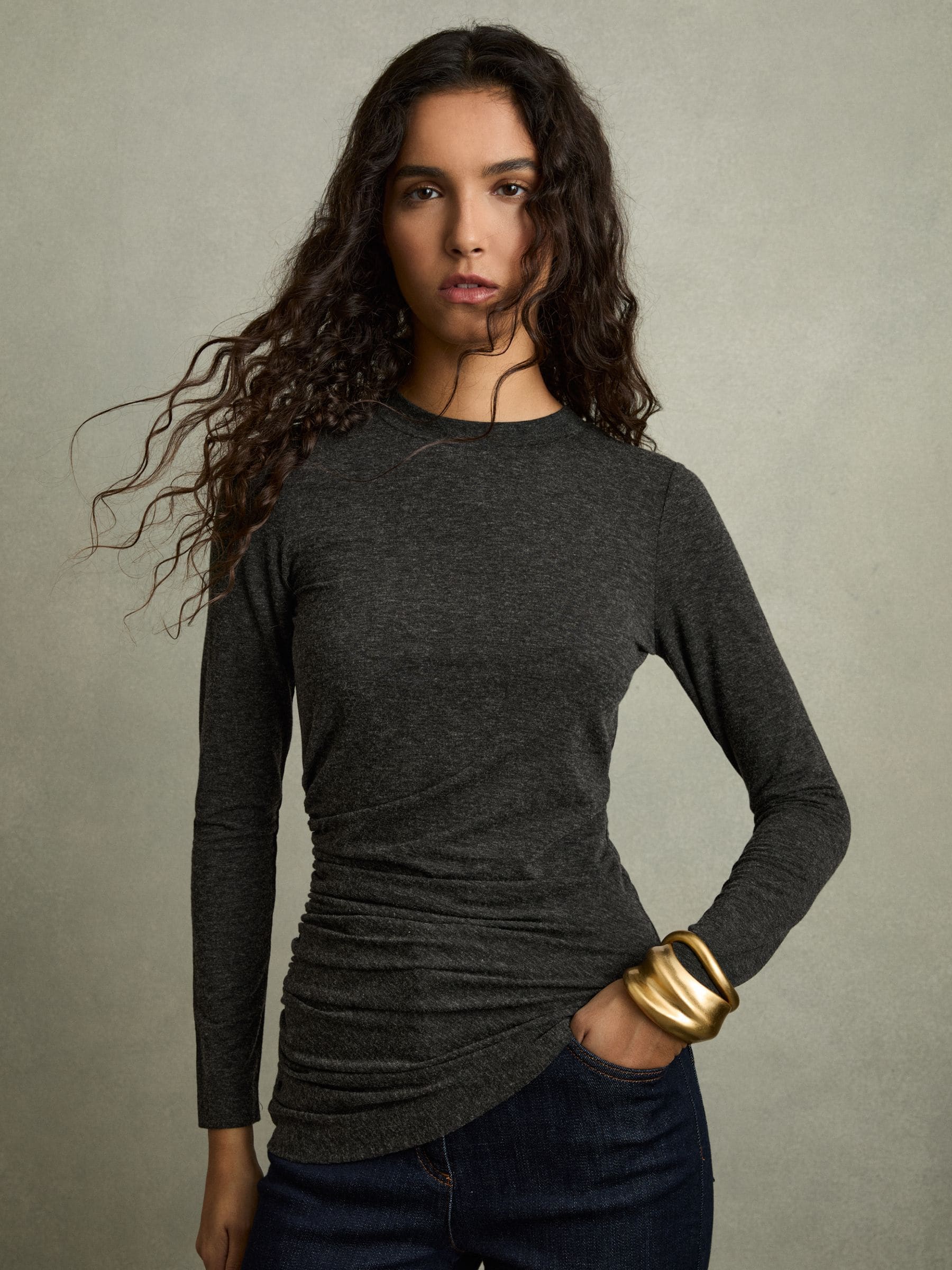REISS CHARCOAL ASYMMETRIC RUCHED TOP WITH WOOL