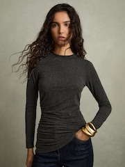 Reiss Charcoal Lucia Asymmetric Ruched Top With Wool - Image 1 of 7