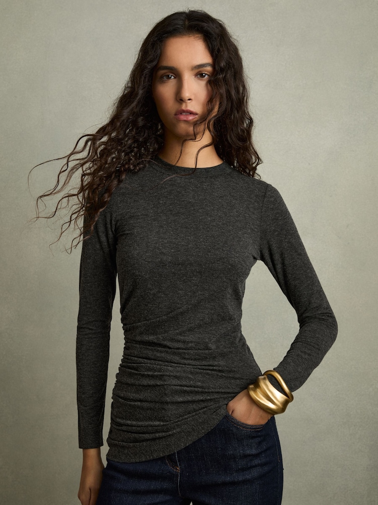 Reiss Charcoal Lucia Asymmetric Ruched Top With Wool - Image 1 of 7