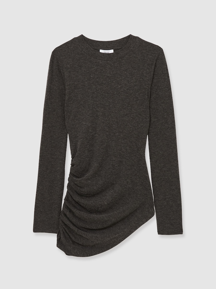 Reiss Charcoal Lucia Asymmetric Ruched Top With Wool - Image 2 of 7