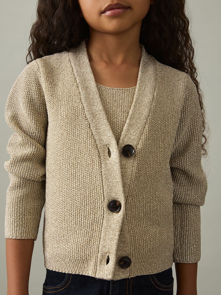 Reiss Gold Mika 9-13 yrs Metallic-Knit V-Neck Cardigan - Image 1 of 4