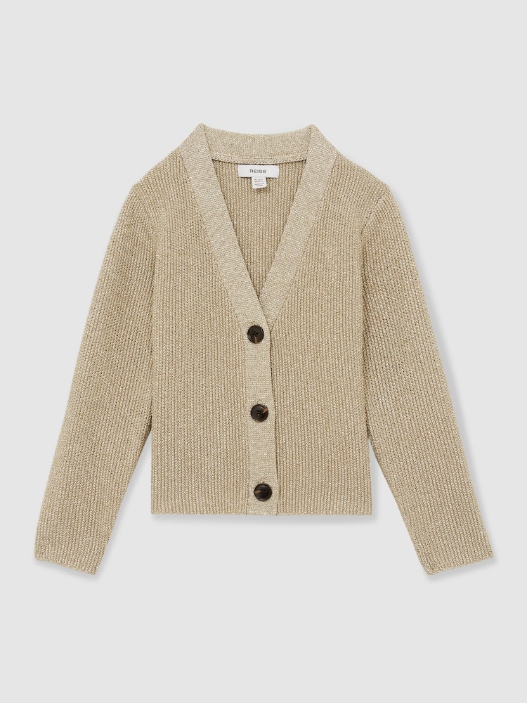 Reiss Gold Mika 9-13 yrs Metallic-Knit V-Neck Cardigan - Image 2 of 4