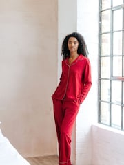 Chelsea Peers Red Christmas Candy Cane Stripe Trim Long 100% Organic Cotton Pyjamas Set - Image 1 of 5