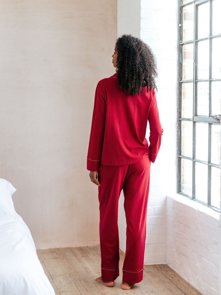 Chelsea Peers Red Christmas Candy Cane Stripe Trim Long 100% Organic Cotton Pyjamas Set - Image 2 of 5