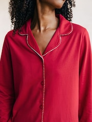 Chelsea Peers Red Christmas Candy Cane Stripe Trim Long 100% Organic Cotton Pyjamas Set - Image 3 of 5