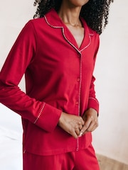 Chelsea Peers Red Christmas Candy Cane Stripe Trim Long 100% Organic Cotton Pyjamas Set - Image 4 of 5
