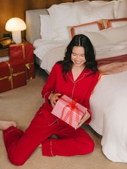Chelsea Peers Red Christmas Candy Cane Stripe Trim Long 100% Organic Cotton Pyjamas Set - Image 5 of 5