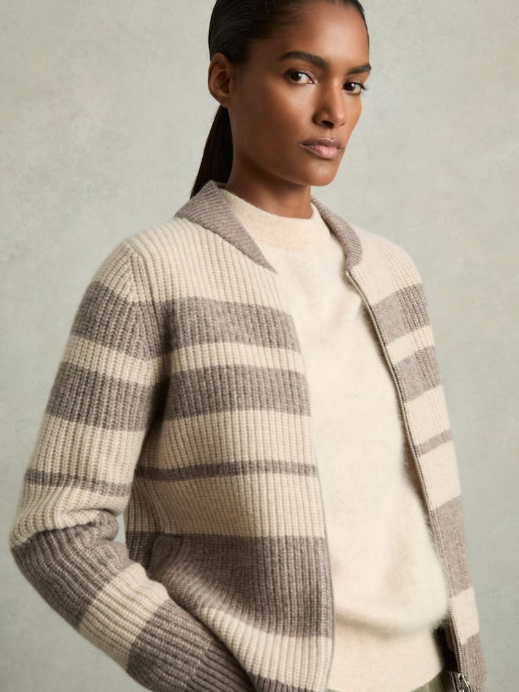 Reiss Neutral/Brown Alexa Wool Stripe Zip-Through Cardigan - Image 1 of 7