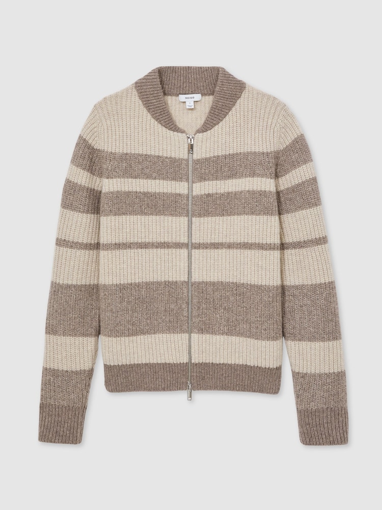 Reiss Neutral/Brown Alexa Wool Stripe Zip-Through Cardigan - Image 2 of 7