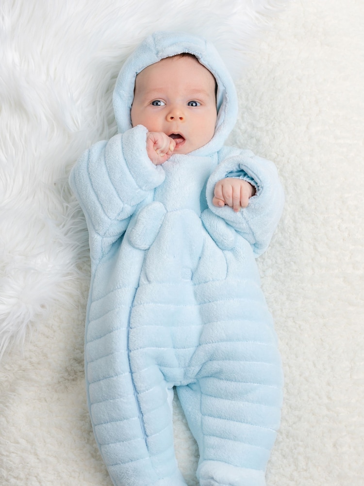 Emile Et Rose Blue Deep Pile Fleece Pramsuit with 3D teddy - Image 1 of 5