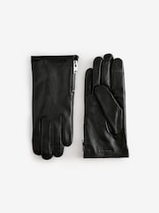 AllSaints Black Leather Gloves with Branded Zip Pull & Touch Tips - Image 1 of 5